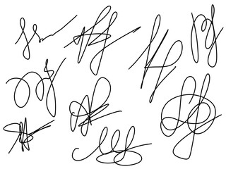 Collection of abstract black ink signature doodles on a white background. Hand-drawn scribbles ideal for design elements, branding mockups, and artistic or creative projects