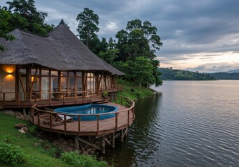 Obraz premium Luxury safari lodge overlooking the vast Serengeti landscape during golden hour. Scenic view of wildlife plains, acacia trees, and open skies in Tanzania.