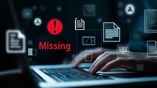 hand of a man typing on laptop with floating word " missing" , idea for computer error or warning  missing files or resources