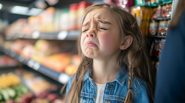 A young girl shows her disappointment while shopping in a grocery store, highlighting the emotional struggles children face in everyday situations.
