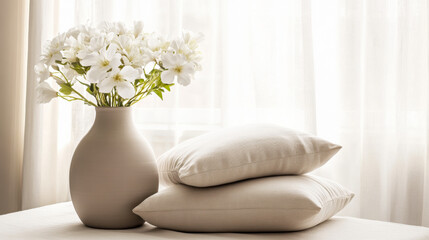 Decorative white flowers in a vase on a cozy windowsill with sunlight streaming through the curtains