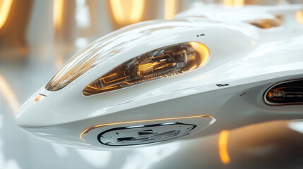 Futuristic white spacecraft design showcasing sleek lines and glowing accents in a modern exhibition space