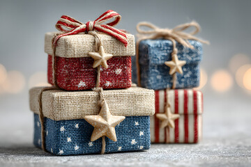 patriotic gift boxes with white red blue color and stars. USA flag color Christmas present or American theme. 4th of july gift celebration. 