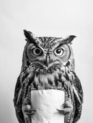 An owl holding toilet paper, funny wc photo print