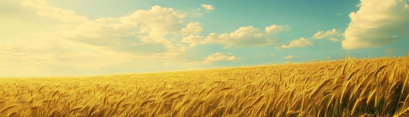 Naklejka premium Golden Wheat Field Under Sunny Sky, Landscape Photography, Agriculture Wheat, Field