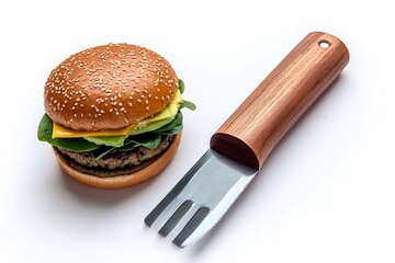 Fresh veggie burger with a thick patty made from chickpeas, topped with avocado, spinach, and spicy mustard