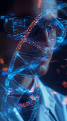 Scientist analyzes DNA structure in a futuristic lab setting using advanced technology and virtual representations