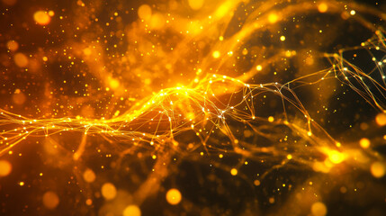 Dynamic golden energy waves flowing through a dark space with shimmering particles at a dramatic angle