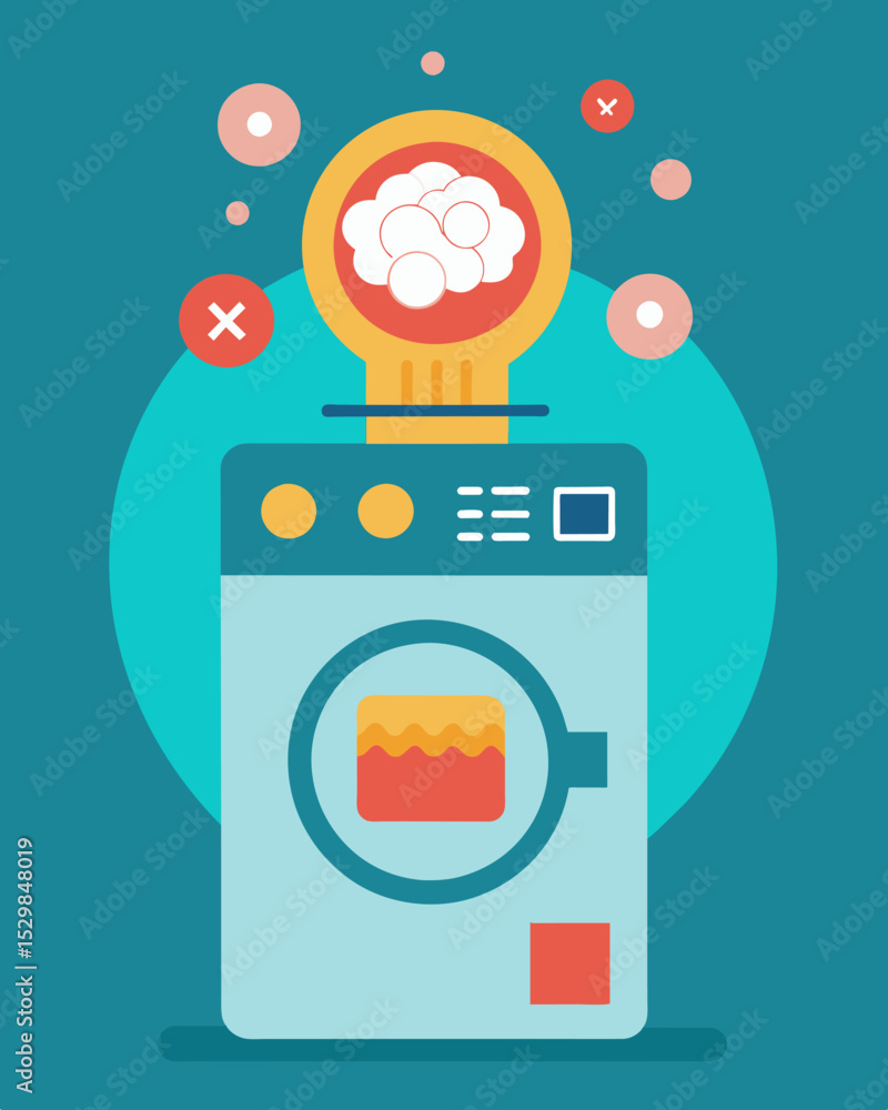 Poster the insidious manipulation of thoughts and beliefs represented through a washing machine with a calc