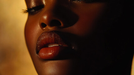 Close-up view of a person's lips showcasing natural shine and texture under dramatic lighting