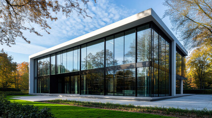 Modern architectural design of a sleek glass building surrounded by autumn trees in a tranquil setting