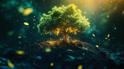 Illuminated tree with glowing leaves in a magical forest setting during twilight