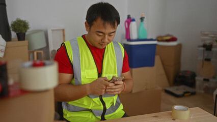 Asian man in reflective vest uses smartphone excitedly in cluttered living room with moving boxes...