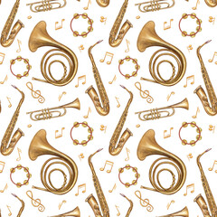 Flying brass musical instruments seamless pattern isolated background. Watercolor saxophone, trumpet, French horn, tambourine and notes in bronze gold tones illustration for jazz festival, textile