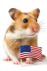 A close-up of a cute hamster holding a small American flag against a white background.