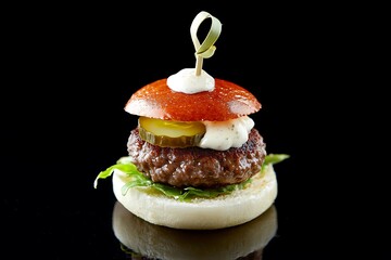 Irresistible slider burger with a mini beef patty, creamy sauce, lettuce, and pickles, served in a bite-sized bun