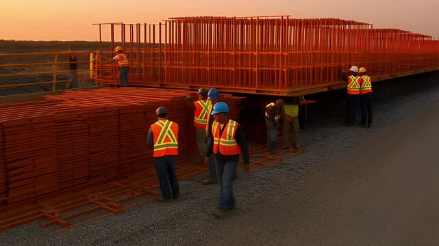 Construction workers handling prefabricated support structures.