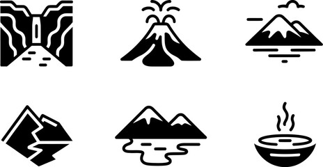 Nature landscape icons vector set mountain waterfall volcano hot spring lake outdoor travel adventure 100 editable stock vector illustration