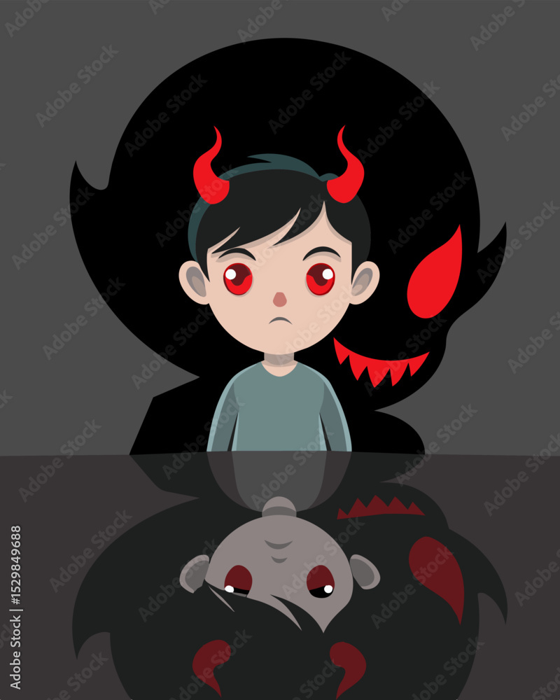 Poster the reflection of an innocent child contorted into a sneering devilish creature with glowing red eye