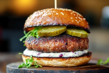Juicy burger with a crispy fried chicken patty, tangy pickles, and creamy ranch dressing, placed on a soft bun