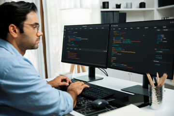 Smart IT developer working software development coding with creating application program update...