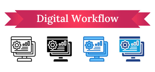 Digital Workflow Multi Style Icon - Gear and charts on a monitor representing efficient online systems and automation