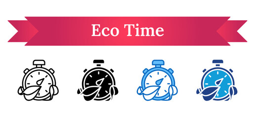 Eco Time Multi Style Icon - Stopwatch with a leaf, representing time efficiency with environmental awareness