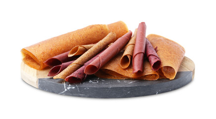 Delicious fruit leather rolls isolated on white