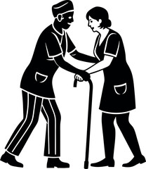 Silhouette of nurse helping elderly patient on white background