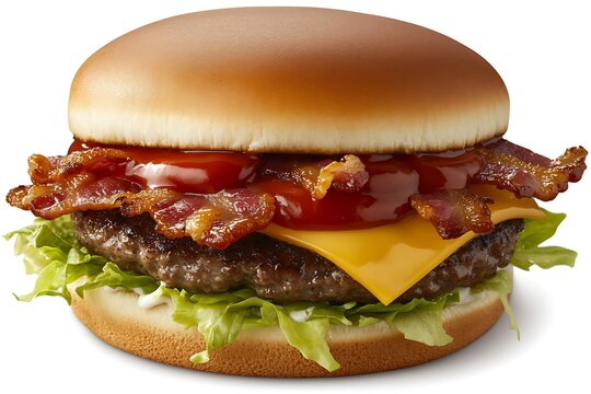 Loaded bacon cheeseburger with crispy bacon strips, melted American cheese, fresh lettuce, and ketchup