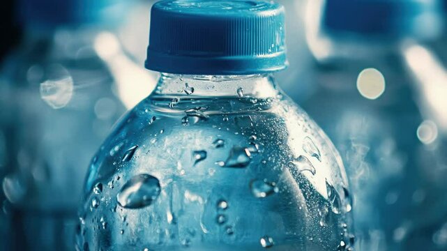 A close-up shot of a clear water bottle with a label and cap.