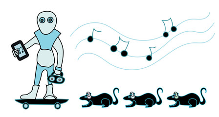 A robot character on a skateboard playing music from his cell phone on a music player with speakers, attracting rats with tiny headsets. Futuristic concept of Rat-catcher, also called Pied Piper. 