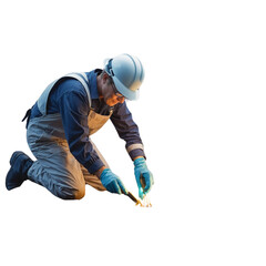 Futuristic AI worker kneeling while fixing or igniting a spark on the ground, symbolizing artificial intelligence as a repairer and initiator of technological breakthroughs.