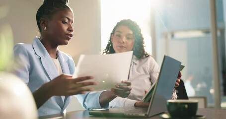 Office, business people or laptop with document for feedback, investment solution or finance report. Teamwork, women and financial advisor with secretary for budget management, discussion and tablet - Powered by Adobe