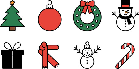 Naklejka premium A festive Christmas icon set featuring Santa, a snowman, gifts, and winter decorations