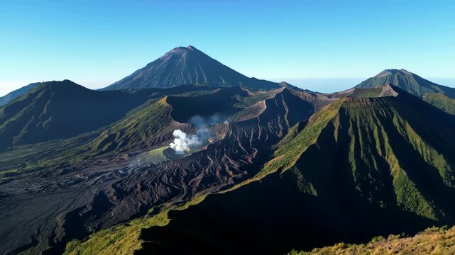 Mount Bromo's Volcanic Landscape: Aerial View of Crater, Smoke, and Rugged Terrain