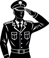 Silhouette of soldier saluting in uniform on white background