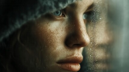 A close-up of a contemplative person looking through a rain-covered window, evoking emotions of introspection and melancholy.
