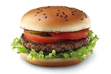 Neat veggie burger with a black bean patty, fresh tomato slices, lettuce, and a perfectly toasted whole-grain bun