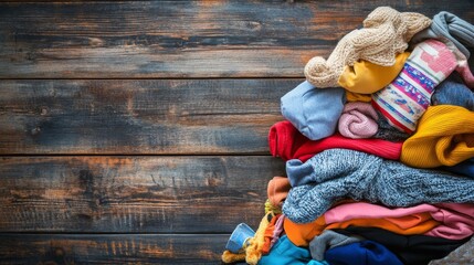 Pile of Colorful Knitwear on Rustic Wood, Clothing Donation, Winter Fashion Clothing Recycling, Textile Reuse