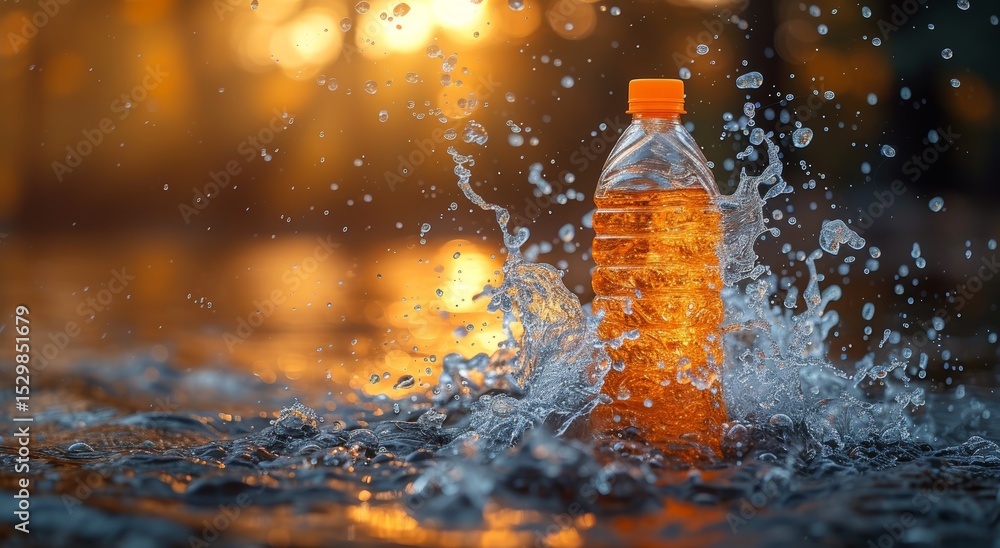 Poster a stunning image of a water bottle captured mid-splash, creating a dynamic moment filled with drople