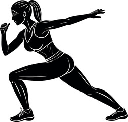 Silhouette of woman doing lunges on white background