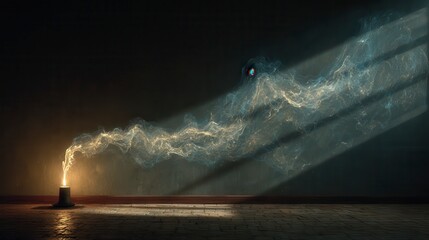 A mystical beam of light emerges from a small incense burner, creating swirling smoke patterns that illuminate a dark room with ethereal beauty.
