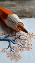 Close-up of an orange pencil drawing intricate tree branches with small leaves on white paper.