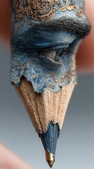 Close-up of a pencil tip with intricate blue lace-like designs blending into the wood, creating an artistic and surreal visual effect.