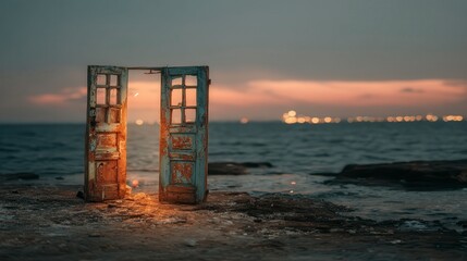 Two old, weathered doors stand on a rocky shore at sunset, with the ocean and distant lights in the background.