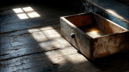 Sunlight streams through a window onto an old, weathered wooden floor and an open, empty drawer revealing rustic textures and shadows.