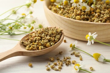 Dry, fresh chamomile flowers in bowl and spoon on light wooden table, closeup