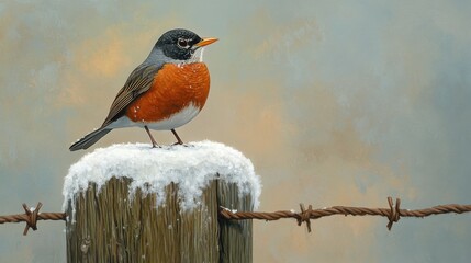 Detailed illustration of a robin perched on a snowy fence post.