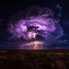 Purple Night Thunderstorm Landscape, Lightning Strike, Night Sky Storm Photography, Nightscape